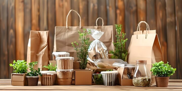 Ecofriendly brown paper packaging collection including shopping bags and takeout containers. Concept Sustainable Packaging, Eco-friendly Solutions, Brown Paper Packaging, Retail Packaging