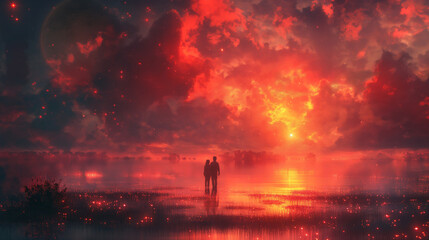 Two figures standing by water under a fiery sky with a large moon.
