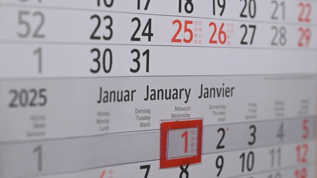 Zeitraffer, Wandkalender bewegt sich &uuml;ber den Jahreswechsel von 2024 zu 2025