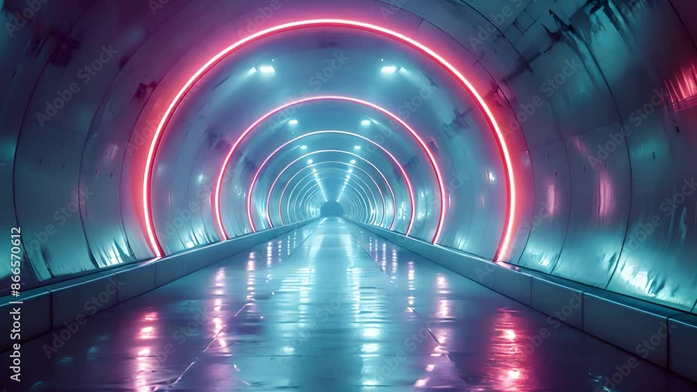 Fototapete a view down a futuristic tunnel with vibrant red and blue neon lights illuminating the path. the wet