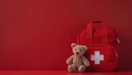 A serene red backdrop featuring a first aid kit and a childs toy bag