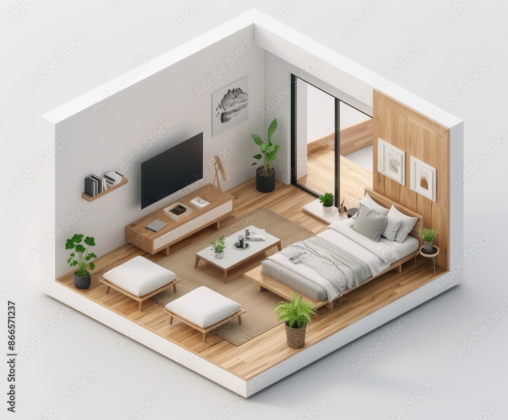 Poster the isometric view of a bed room with an open interior isometric rendering in digital art