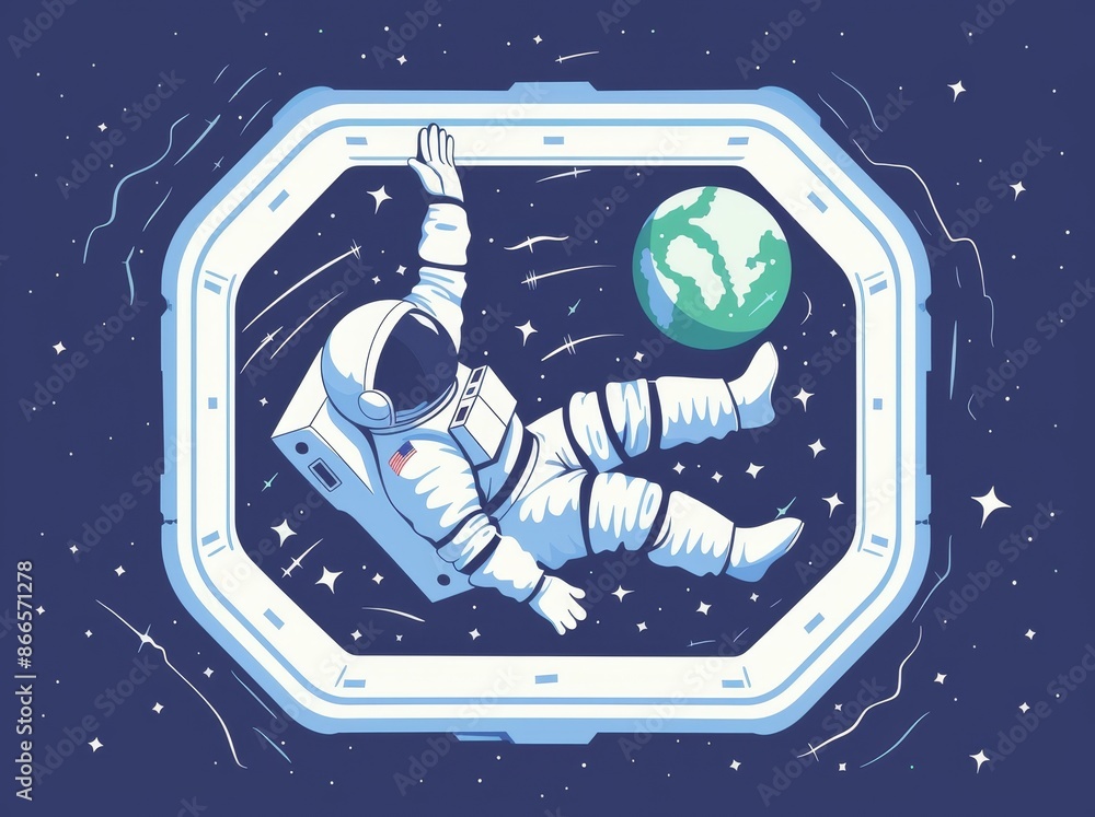 Aufkleber the view from an astronaut goes out to the earth. the astronaut is flung in the air in weightlessnes
