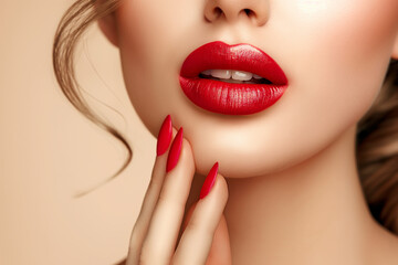 Fototapeta premium Portrait of beautiful woman with red lips and perfect manicure on light background, skin care concept, beauty photography