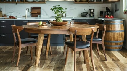 Round wooden dining table and barrel chairs. Scandinavian or mid-century interior design