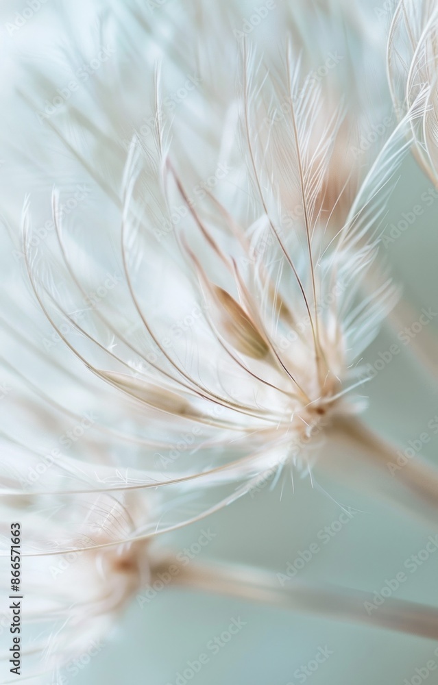 Poster a close-up shot capturing the delicate structure of a dandelion seed head. the soft, white, feathery