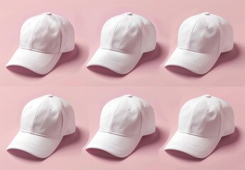 This mockup shows four different angles of a white baseball cap.