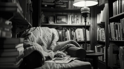 Fototapeta premium A cozy reading nook with a blanket draped over a couch and a lamp on a table