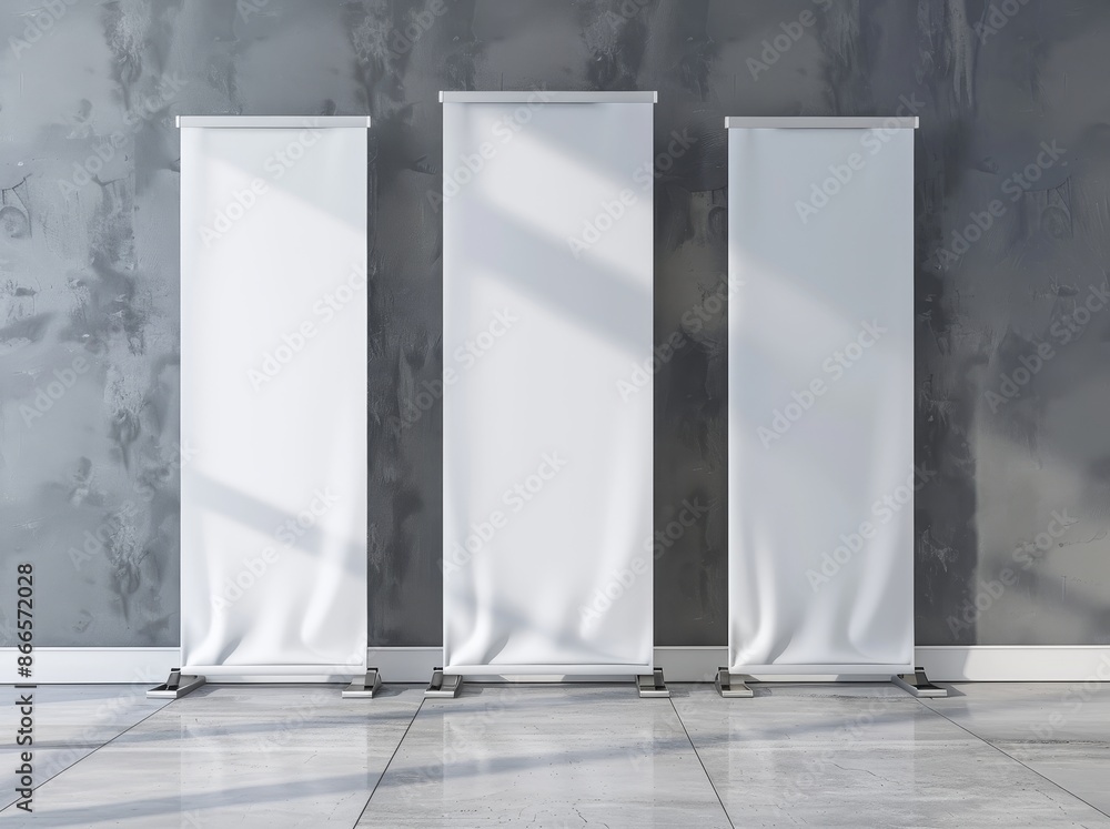 Poster a 3d render of three blank roll-up banner displays using a template mockup.