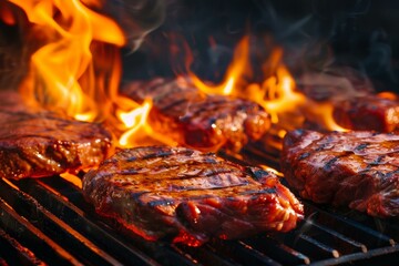 Succulent beef steaks cooking on a flaming charcoal grill, with smoke and fire