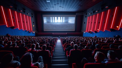 A dynamic scene in a fully occupied movie theater, where viewers of all ages sit in rapt attention, eagerly awaiting the beginning of a highly anticipated film on the large cinema screen