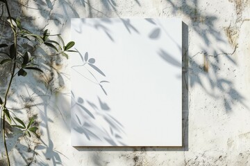 Featured is a white horizontal rectangle poster or business card mockup with dappled light on gray concrete wall and top view. This is a perfect mockup for advertising, branding, or stationery
