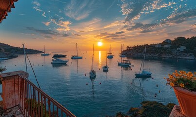 A beautiful sunrise over a serene bay with anchored sailboats, seen from a balcony of a coastal...