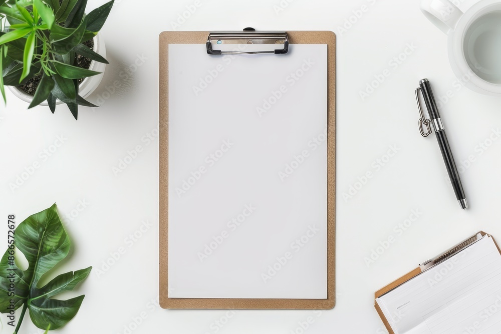Poster three-dimensional rendering, mockup of a green plant in a vase and a blank paper list in black table