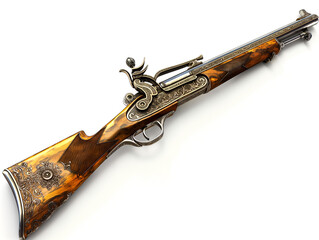 Ornate Antique Rifle with Intricate Detailing on White Background