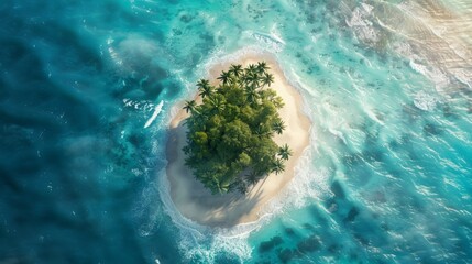 Secluded Paradise Captured from Above: Deserted Island with Azure Seas and Pristine Beaches for Peaceful Vacations
