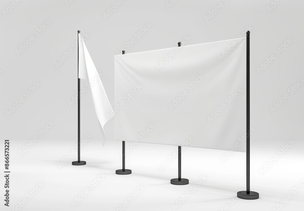 Poster a wall banner is displayed on a white background with a hanging flag on the side. a 3d render was us
