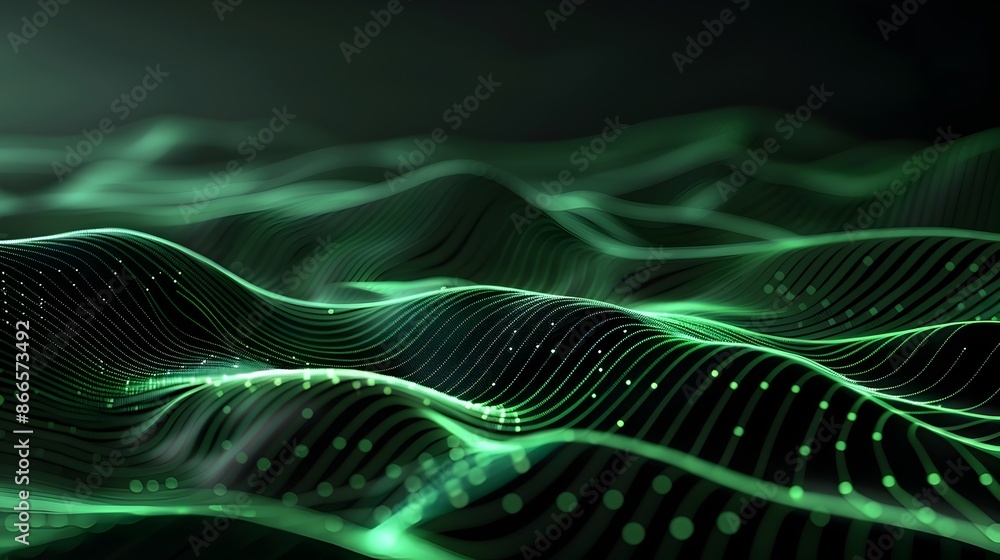 Poster flowing abstract digital data landscape with glowing neon particles and curves