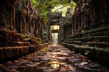Naklejka premium Siem Reap, Cambodia, the Ta Prohm temple, famous for its trees growing in the ruins., generative IA