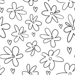 Flowers ink. Vector background floral fabric, monochrome pattern seamless.