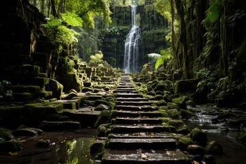 Fototapeta premium Siem Reap, Cambodia, the Kulen Mountain Nature Reserve (Phnom Kulen National Park), with waterfalls and trails., generative IA
