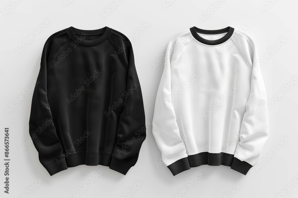 Poster men's white and black blank sweatshirt mock-up on white background with empty label. 3d rendering.