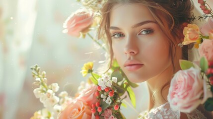 Beautiful bride with flowers, light background, wedding portrait