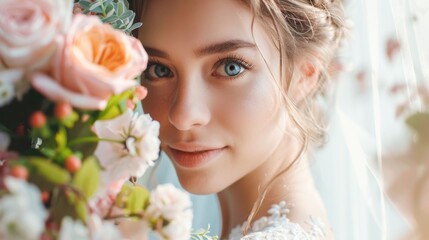 Obraz premium Beautiful bride with flowers, light background, wedding portrait