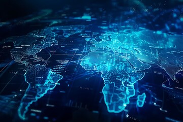 Futuristic Blue World Map Infographic, Big Data Visualization and Information Aesthetics