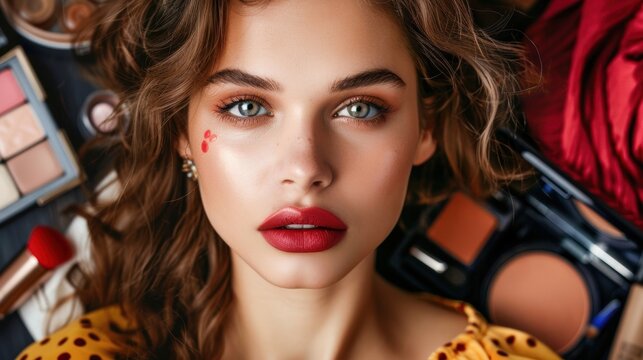 Beauty ambassador portrait, surrounded by signature beauty items, professional makeup shot