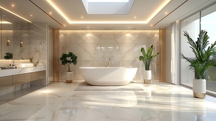 Fototapeta premium Modern minimalist bathroom featuring a white bathtub, marble floors, and natural lighting from skylights. The design exudes luxury and elegance with clean lines and a serene atmosphere, rendered in 3D