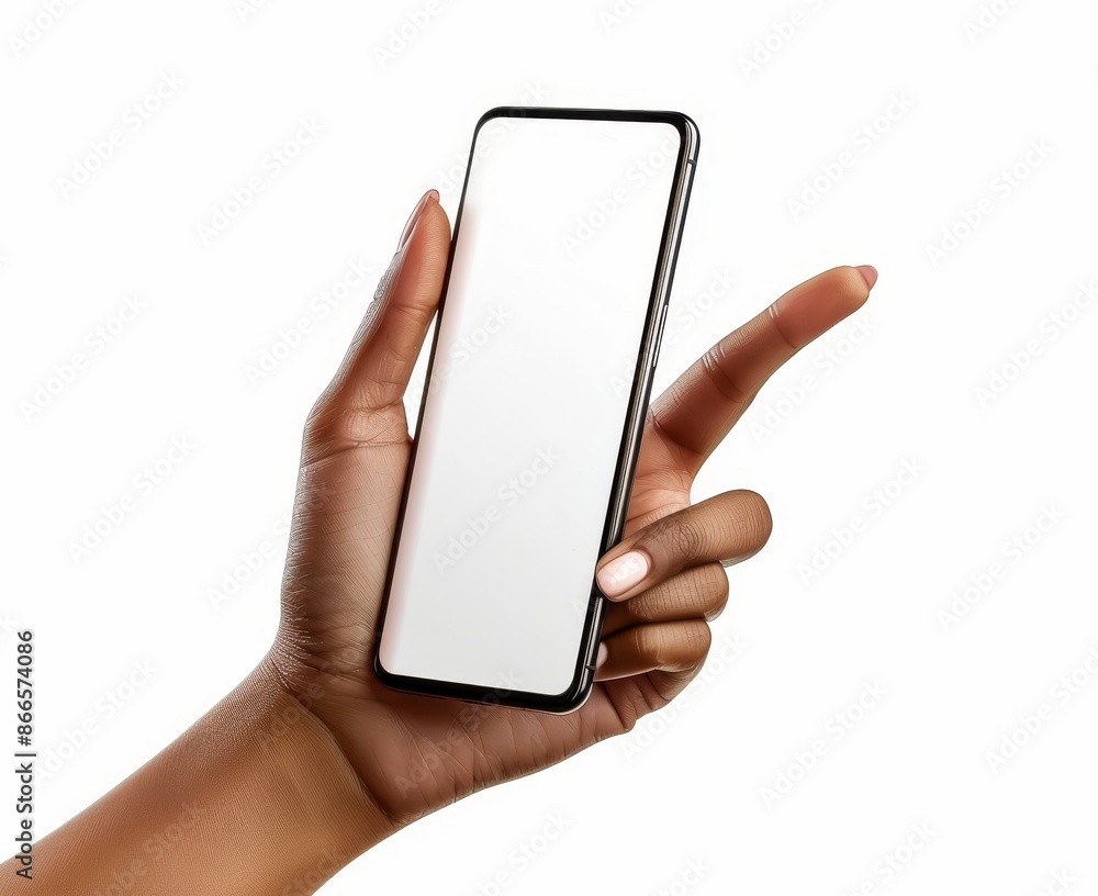 Poster a mockup of a mobile smart phone screen in hand with finger tapping and pointing isolated against a 