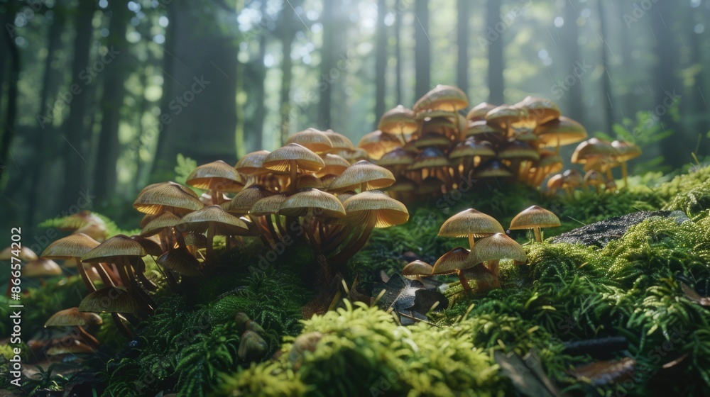 Poster a forest scene with a large group of mushrooms on the ground
