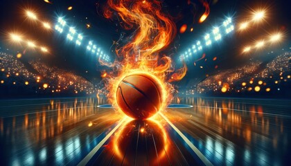 basketball engulfed in flames and dynamic energy effects on a basketball court. The background is a stadium