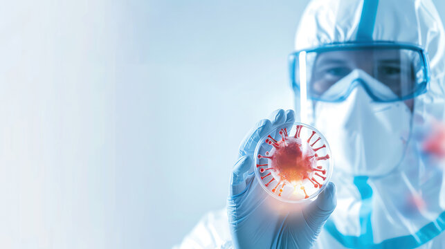 Illustration of a biosafety scientist holding a petri dish with bacteria, laboratory setting, protective gear, detailed lab equipment, copy space