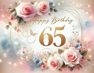 Elegant 65th Birthday card with pink and blue flowers, golden accents, and 'Happy Birthday' message