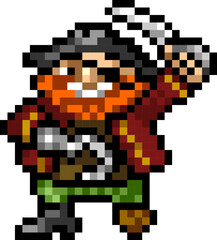 Pixelated vector illustration of a pirate. Cheerful pirate with a sword. One hand with a hook, one leg in a wooden crutch. Icon, avatar or hero for a computer game.