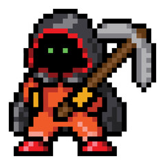 Game character dwarf, pixel graphics, 8 bits, vector image. Dwarf in the hood with the tool in his hand. Animated hero. Eyes glow, legs apart. It is painted in different colors: orange, green, brown.