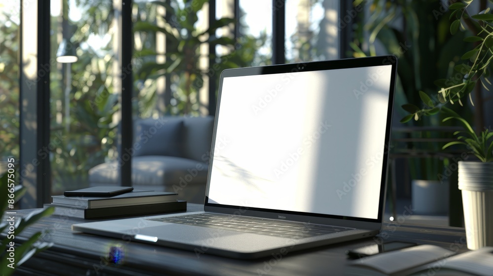Poster the image shows a laptop with a white screen, placed on a desk for displaying websites or designs.