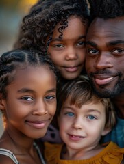 Obraz premium A family of four, two girls and two boys, are hugging each other