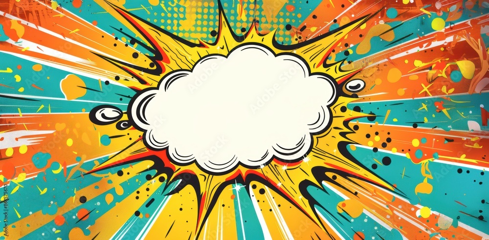 Aufkleber dynamic comic-style burst with an empty speech bubble, explosive colors and patterns