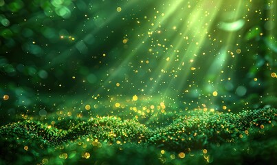 Abstract green light burst rays on dark green background with green, yellow, and gold sparkles; copy space.