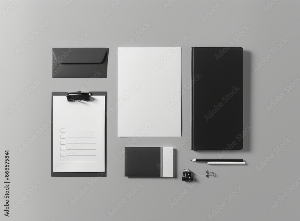 Poster logo mockup with a gray background and blank objects for you to place your design on.