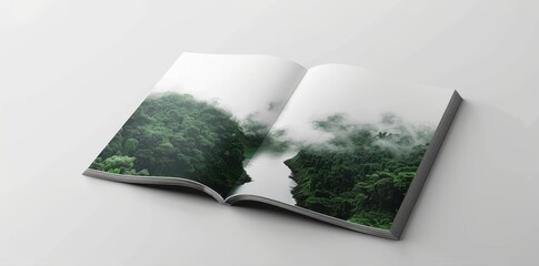 The rendering of a blank A4 landscape magazine brochure mockup is described as a rendering, mockup, magazine, brochure, A4, rendering, white, blank, landscape, horizontal, template, design, layout,