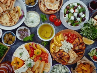 A table full of food with a variety of dishes including grilled chicken