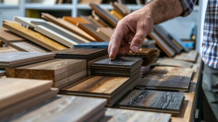 A mans hand reaches down to touch a sample of hardwood flooring, while various other wood flooring options lie stacked around him