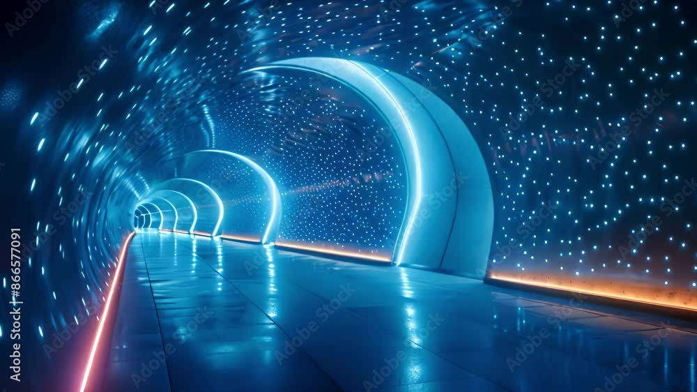 Poster a view down a long, curved tunnel illuminated by blue neon lights. the ceiling is covered in small, 