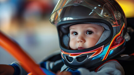 A young child is wearing a racing helmet and sitting in a car. The child is looking at the camera with a curious expression