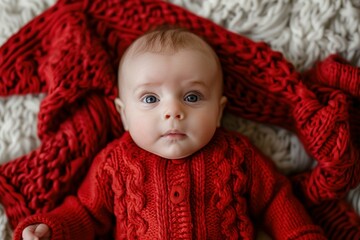 Adorable infant with expressive eyes lying on soft blanket, dressed in red knitted clothes