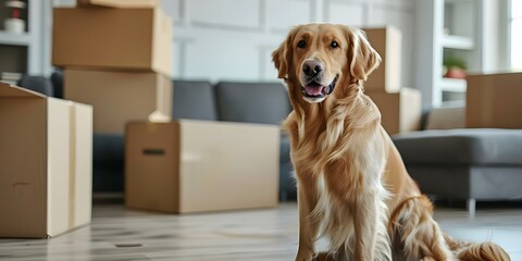 A dog sits near cardboard boxes as a family prepares to move. Concept Pets, Moving, Family, Transitions, Home
